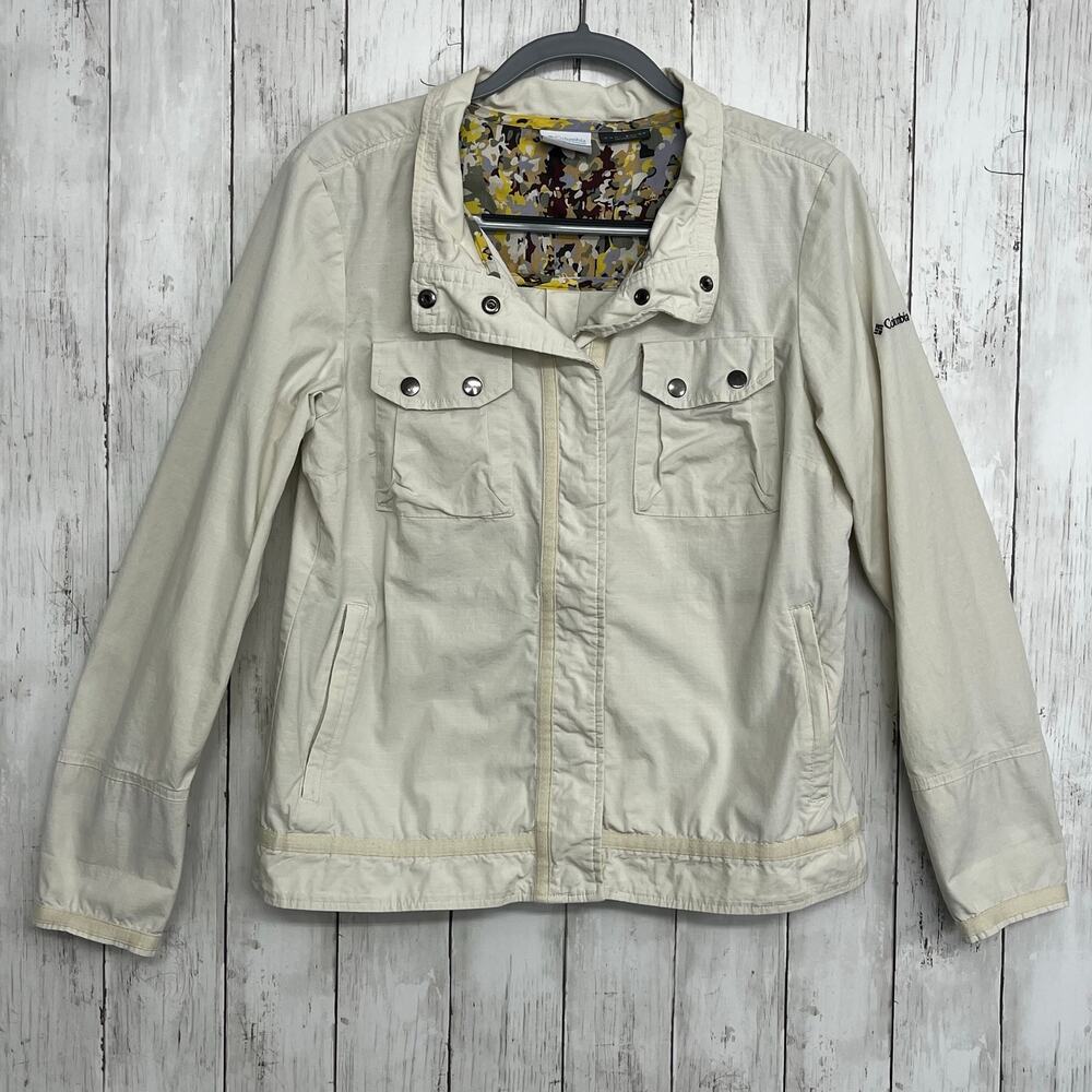 Columbia Tan Utility Jacket Womens Size Large Full Zip Pockets Windbreaker